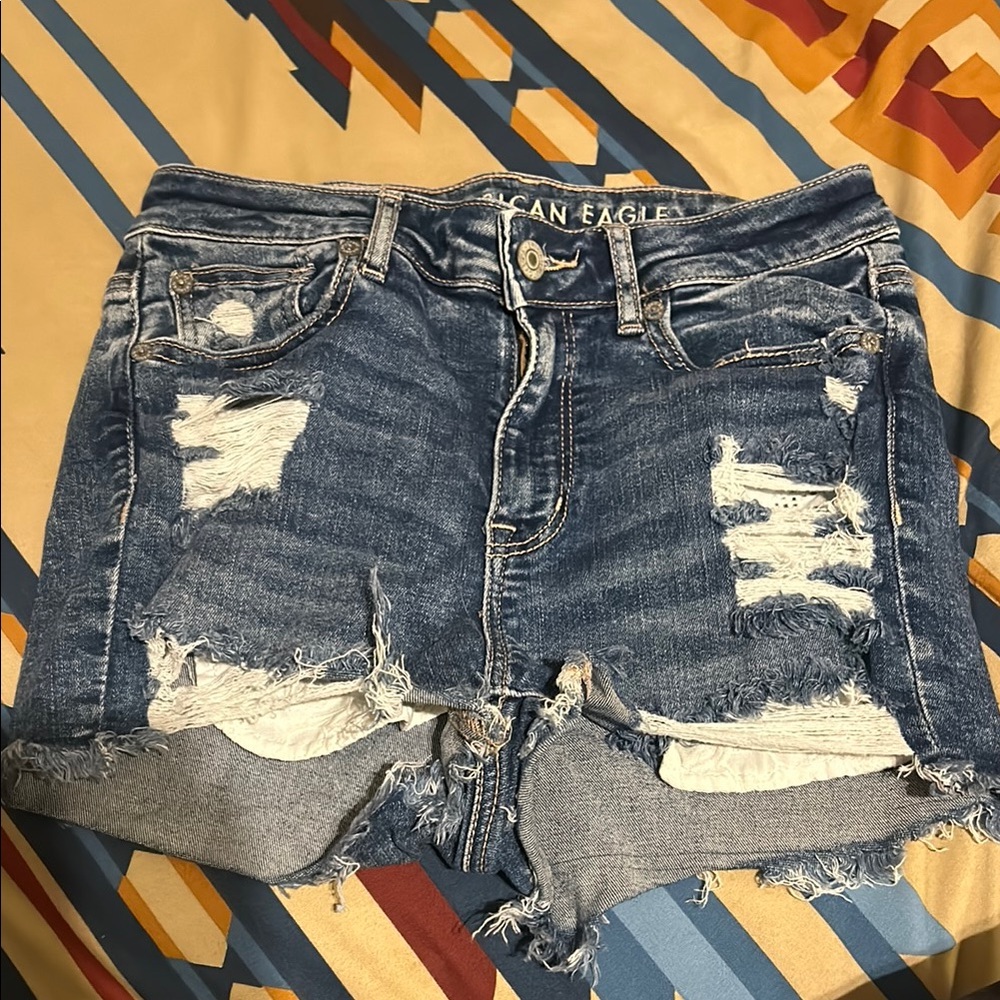 American Eagle Outfitters Blue Jean Shorts with Distressing and Frayed Edges